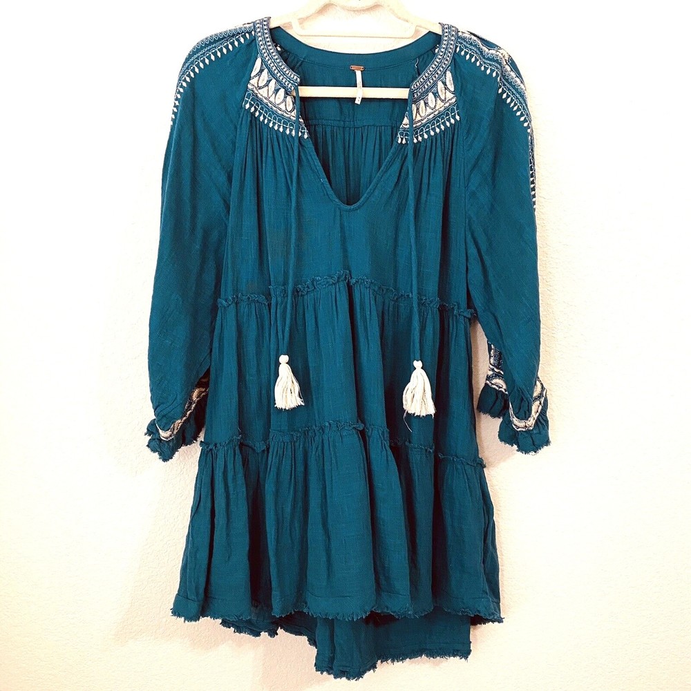 Free People Womens Boho Chic Dream Weaver Embroidered Tunic Sz M OB1015985 Teal